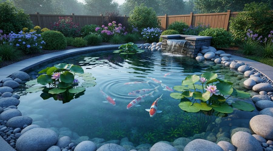 “Clear backyard garden pond with lily pads and koi fish, calm ripples, and stones along the water’s edge at dawn with blurred greenery in the background.”