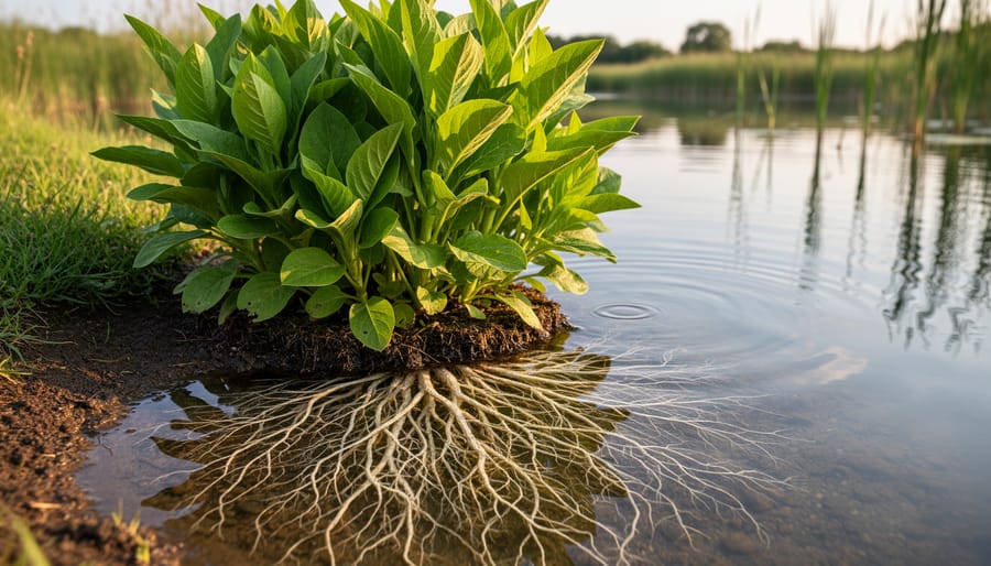 Healthy marginal pond plants growing along the shoreline with clear water in a backyard water garden.