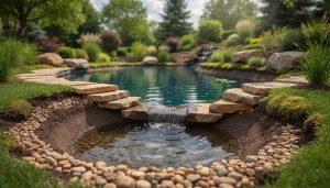 Landscaped sediment pond settling basin with natural stone and plants concealing inlet and outlet pipes, showing clear water flow into the main pond.