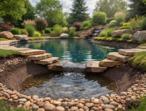 Landscaped sediment pond settling basin with natural stone and plants concealing inlet and outlet pipes, showing clear water flow into the main pond.