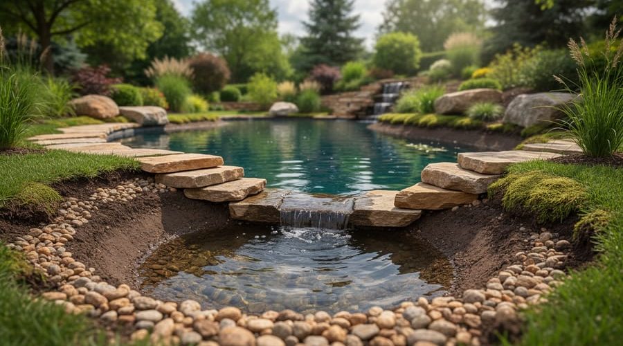 Landscaped sediment pond settling basin with natural stone and plants concealing inlet and outlet pipes, showing clear water flow into the main pond.