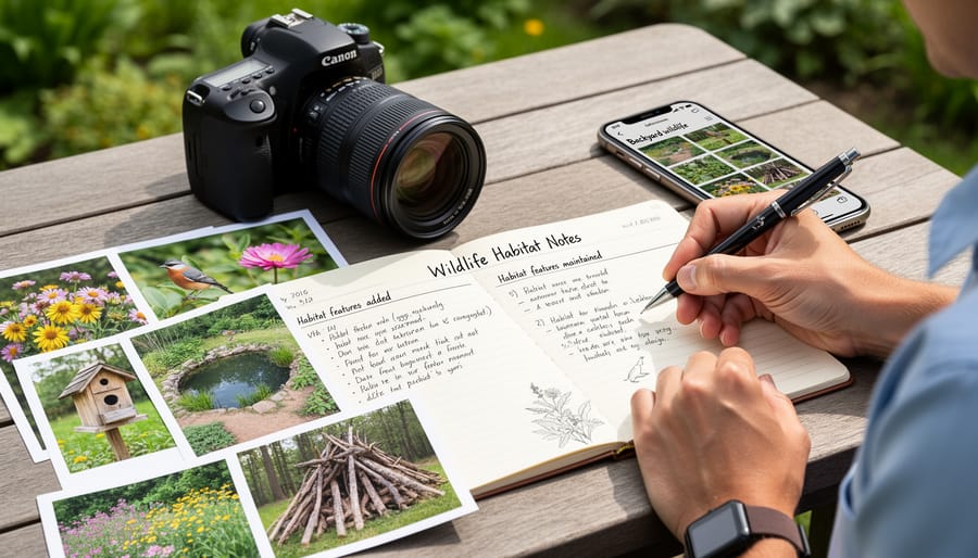 Person at a water garden pond edge photographing plants and writing notes in a notebook beside the pond.