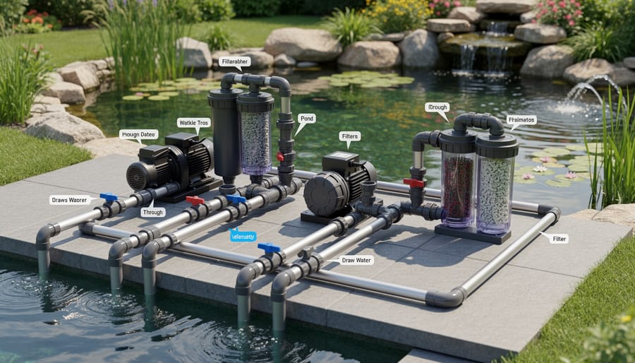 Hydro-flow filtration equipment with pump and hoses connected to a pond filter chamber