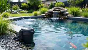 Hydro-flow filtration canister by a koi pond with clear water and return jets from a small waterfall feature.