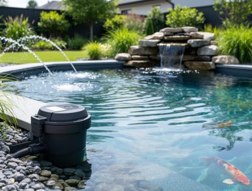 Hydro-flow filtration canister by a koi pond with clear water and return jets from a small waterfall feature.