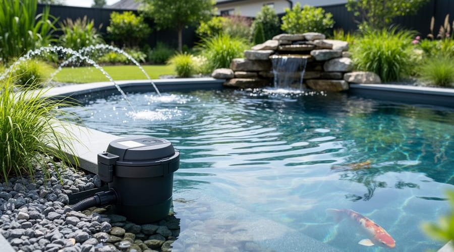 Hydro-flow filtration canister by a koi pond with clear water and return jets from a small waterfall feature.