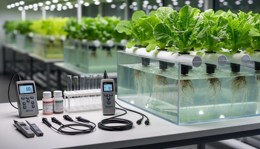Glass measuring cup and handheld water quality meter beside a clear hydroponic nutrient reservoir