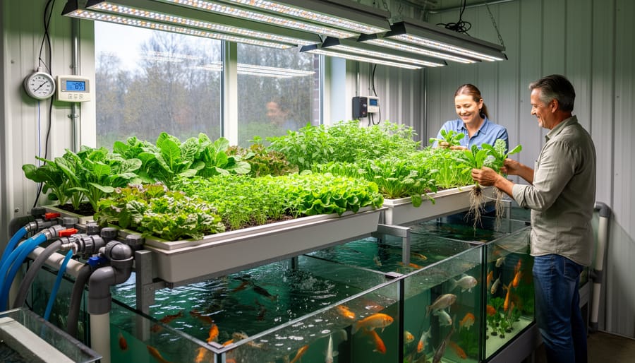 Indoor aquaponics grow bed with leafy greens next to a water tank and visible tubing