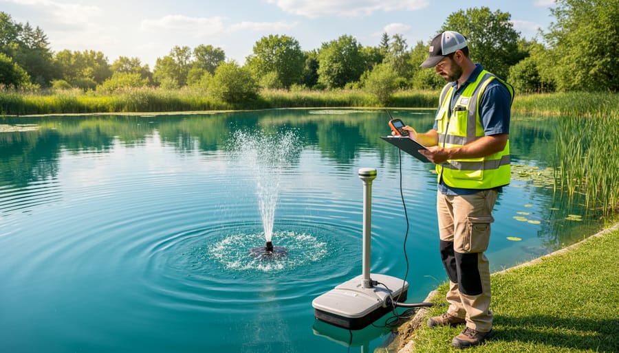 Person inspecting aeration activity at the edge of a farm pond