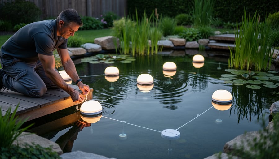 Person adjusting and anchoring a floating pond light in a water garden with marginal plants nearby.