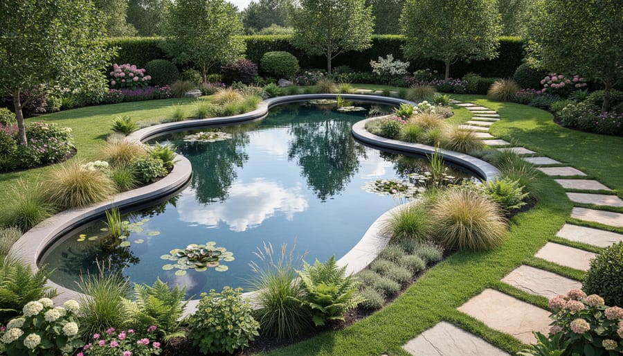 Kidney-shaped backyard pond with natural stone edging and layered marginal plants reflecting the home