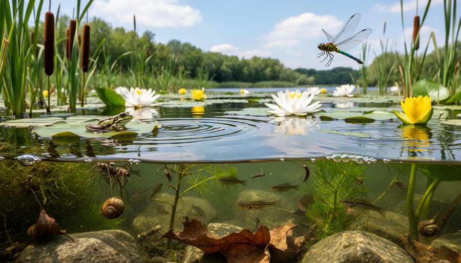 Koi fish swimming near submerged pond plants with golden light reflections
