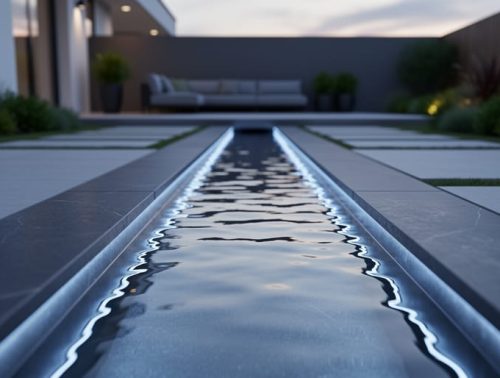 Linear outdoor water feature with a recirculating stream and embedded low-voltage LED lights glowing along the channel at dusk.