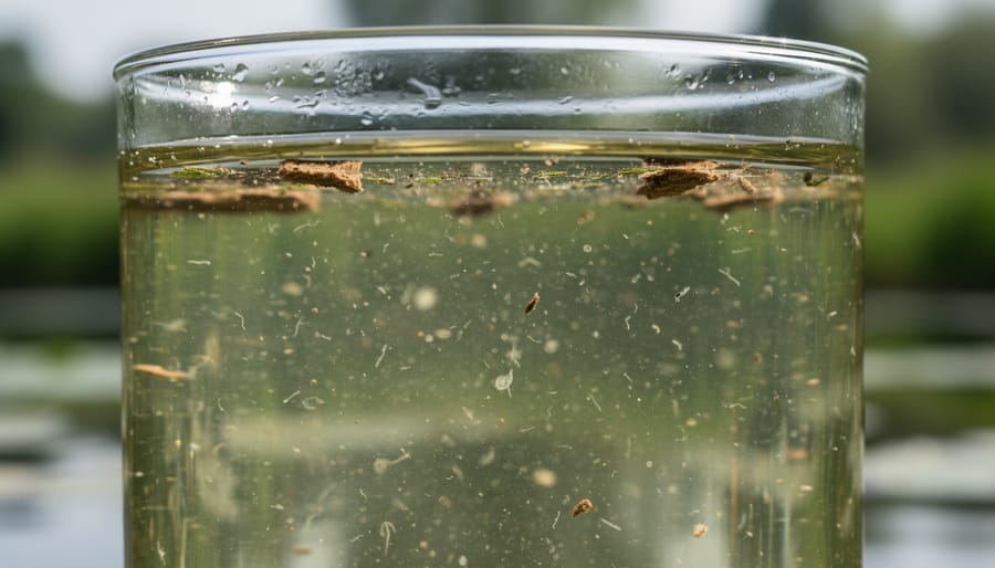 Macro view of pond water sample with suspended particles and small green algae specks in a clear container