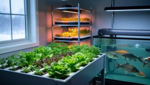 Indoor aquaponics setup in a cold climate with leafy greens growing beside a fish tank, showing a clean, recirculating system under winter daylight.