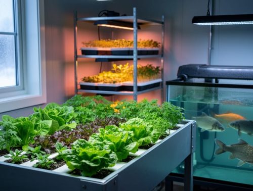 Indoor aquaponics setup in a cold climate with leafy greens growing beside a fish tank, showing a clean, recirculating system under winter daylight.