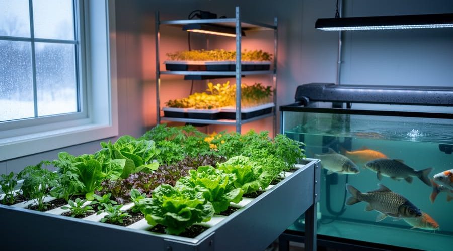 Indoor aquaponics setup in a cold climate with leafy greens growing beside a fish tank, showing a clean, recirculating system under winter daylight.