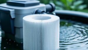 Pleated media filter cartridge for a koi pond shown in close-up with the textured filtration surface in focus and a blurred pond filter background.