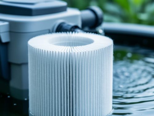 Pleated media filter cartridge for a koi pond shown in close-up with the textured filtration surface in focus and a blurred pond filter background.