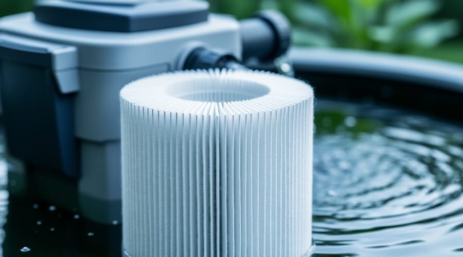 Pleated media filter cartridge for a koi pond shown in close-up with the textured filtration surface in focus and a blurred pond filter background.