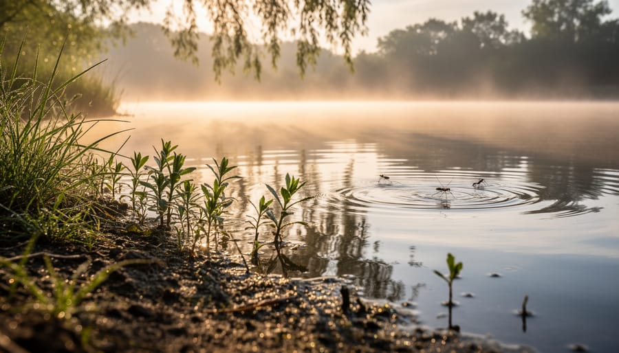 Early morning view of a garden pond edge with reeds and soft reflections on the water surface