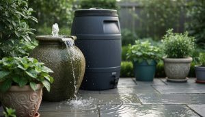Decorative patio urn water feature and nearby rain barrel beside container plants in soft daylight, representing small waterscapes that need mosquito control.
