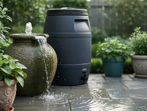 Decorative patio urn water feature and nearby rain barrel beside container plants in soft daylight, representing small waterscapes that need mosquito control.