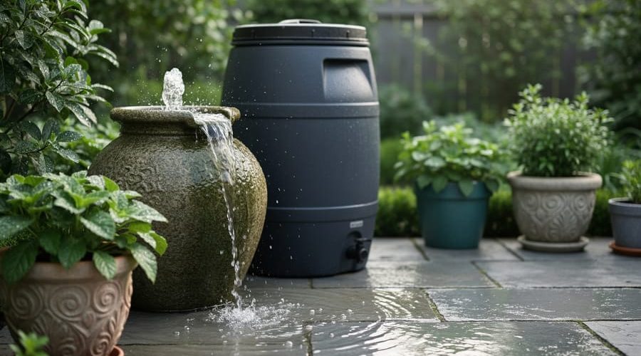 Decorative patio urn water feature and nearby rain barrel beside container plants in soft daylight, representing small waterscapes that need mosquito control.