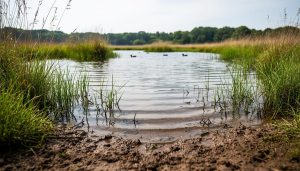 Shallow muddy pond wetland with native reeds and aquatic plants, gentle ripples, and distant waterfowl silhouettes under soft daylight.