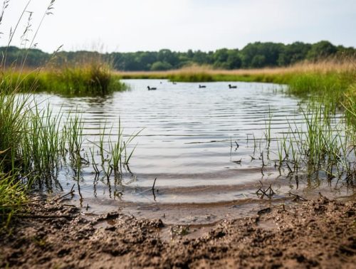 Shallow muddy pond wetland with native reeds and aquatic plants, gentle ripples, and distant waterfowl silhouettes under soft daylight.