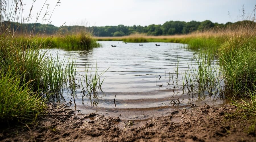 Shallow muddy pond wetland with native reeds and aquatic plants, gentle ripples, and distant waterfowl silhouettes under soft daylight.