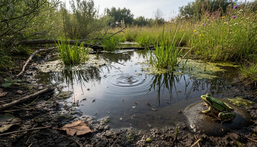 Muddy wetland pond edge with dark water, leaf litter, and emergent plants