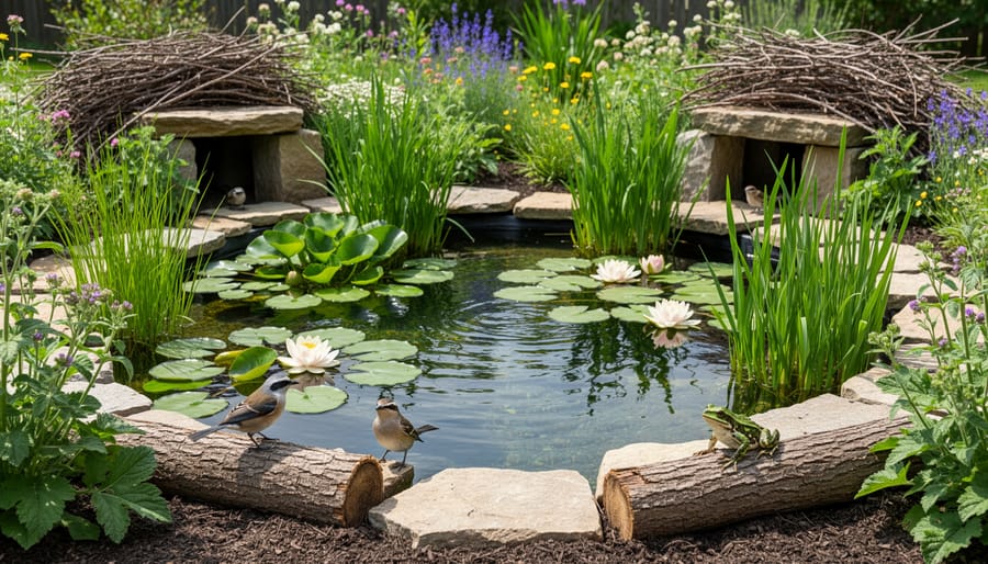 Backyard water garden pond with native marginal plants, river rocks, and a dragonfly landing on a leaf near the shoreline.