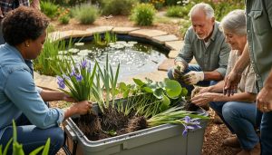 Gardeners swapping native aquatic plant divisions beside a thriving water garden pond, with damp roots and water-lily foliage visible in the plant bin.
