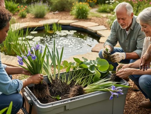 Gardeners swapping native aquatic plant divisions beside a thriving water garden pond, with damp roots and water-lily foliage visible in the plant bin.