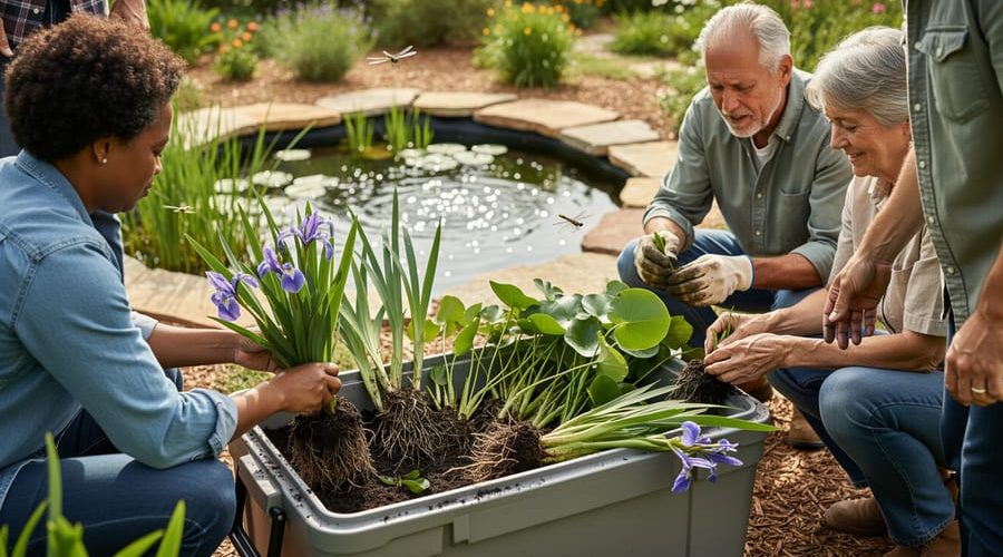 Gardeners swapping native aquatic plant divisions beside a thriving water garden pond, with damp roots and water-lily foliage visible in the plant bin.