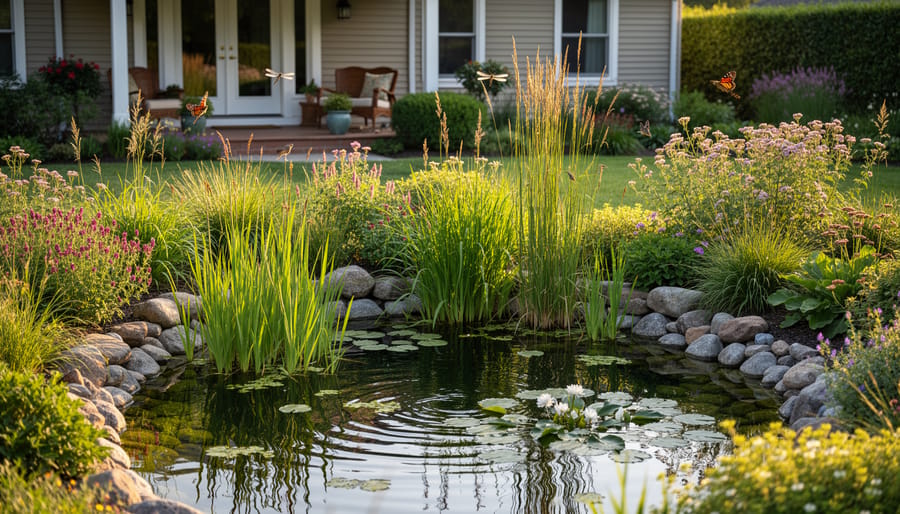 Clear backyard pond with native aquatic and marginal plants and reflections on the water surface