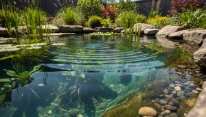 “Clear backyard pond with submerged oxygenating plants and natural rocks, showing a healthy organic aquatic ecosystem.”