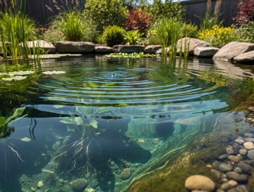 “Clear backyard pond with submerged oxygenating plants and natural rocks, showing a healthy organic aquatic ecosystem.”