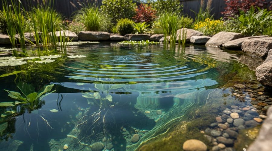 “Clear backyard pond with submerged oxygenating plants and natural rocks, showing a healthy organic aquatic ecosystem.”