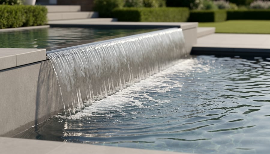 Overflow water feature spilling into a pond at dusk with visible cascading water and shimmering ripples