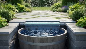 Smooth overflow water spilling from a level-edged garden pond into a patio garden, with lush green plants and stone surrounding the basin.