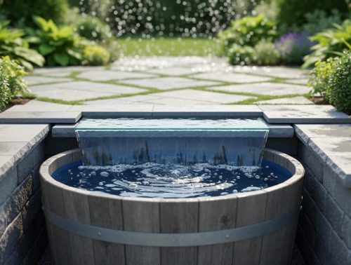 Smooth overflow water spilling from a level-edged garden pond into a patio garden, with lush green plants and stone surrounding the basin.