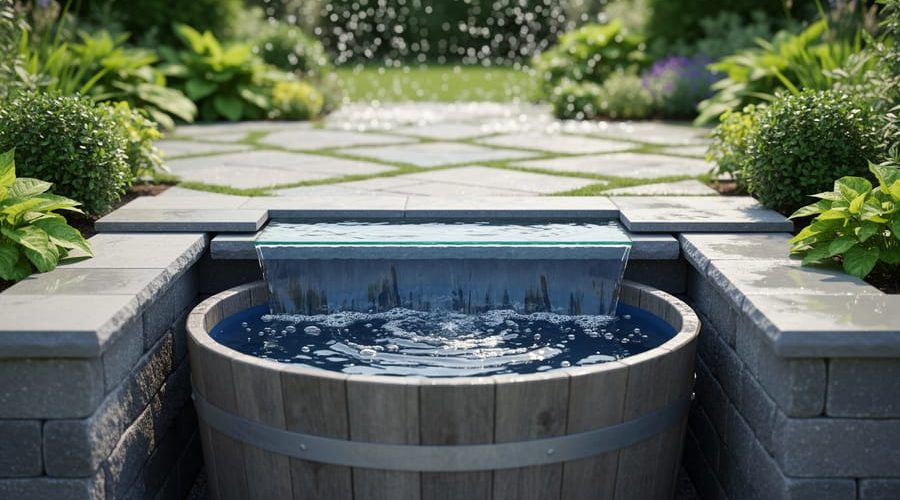 Smooth overflow water spilling from a level-edged garden pond into a patio garden, with lush green plants and stone surrounding the basin.