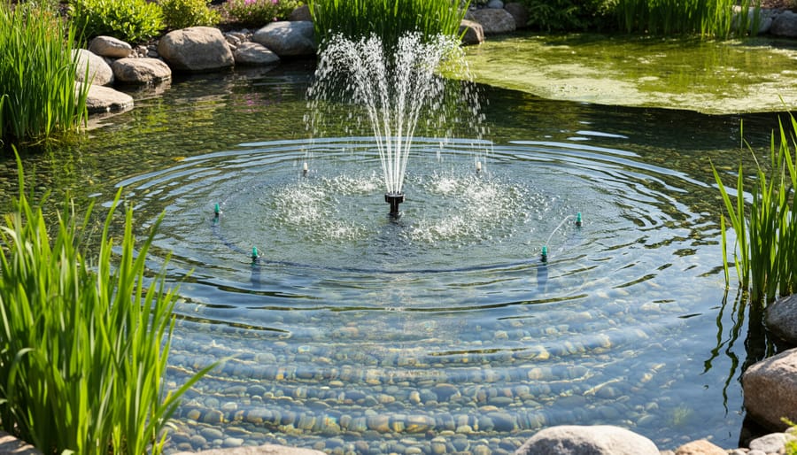 Pond fountain and pump creating water circulation for better oxygenation