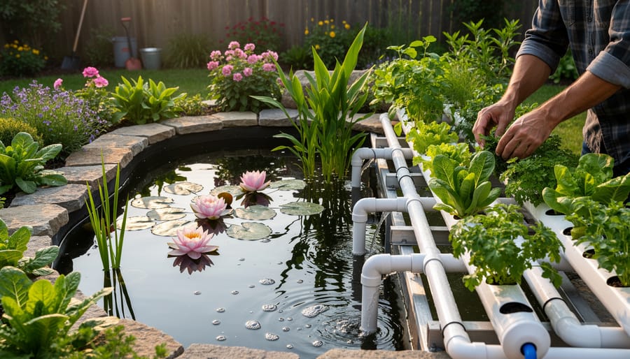 Person tending plants at the edge of a backyard pond near an outdoor hydroponic grow trough