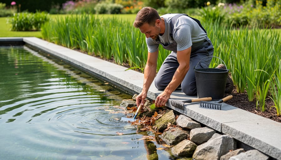 Gardener working at a pond shoreline edge, clearing debris near marginal plants