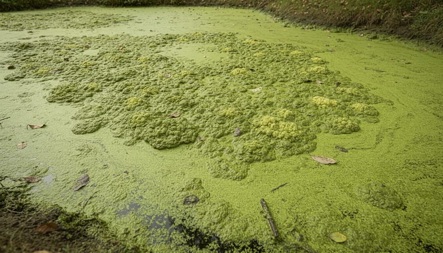 Backyard pond with visible green algal bloom covering the water surface