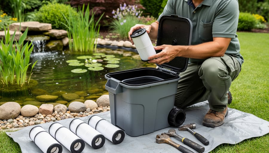 Person kneeling by a backyard pond while inspecting and handling a media filter cartridge