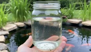 “Close-up of a jar holding pond water with visible suspended particles beside a koi pond with green aquatic plants in the background.”